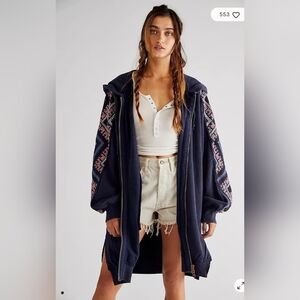 Free People, We The Free,‎ Hey Man Cardi Hoodie, Navy Embroidered,  Size XS